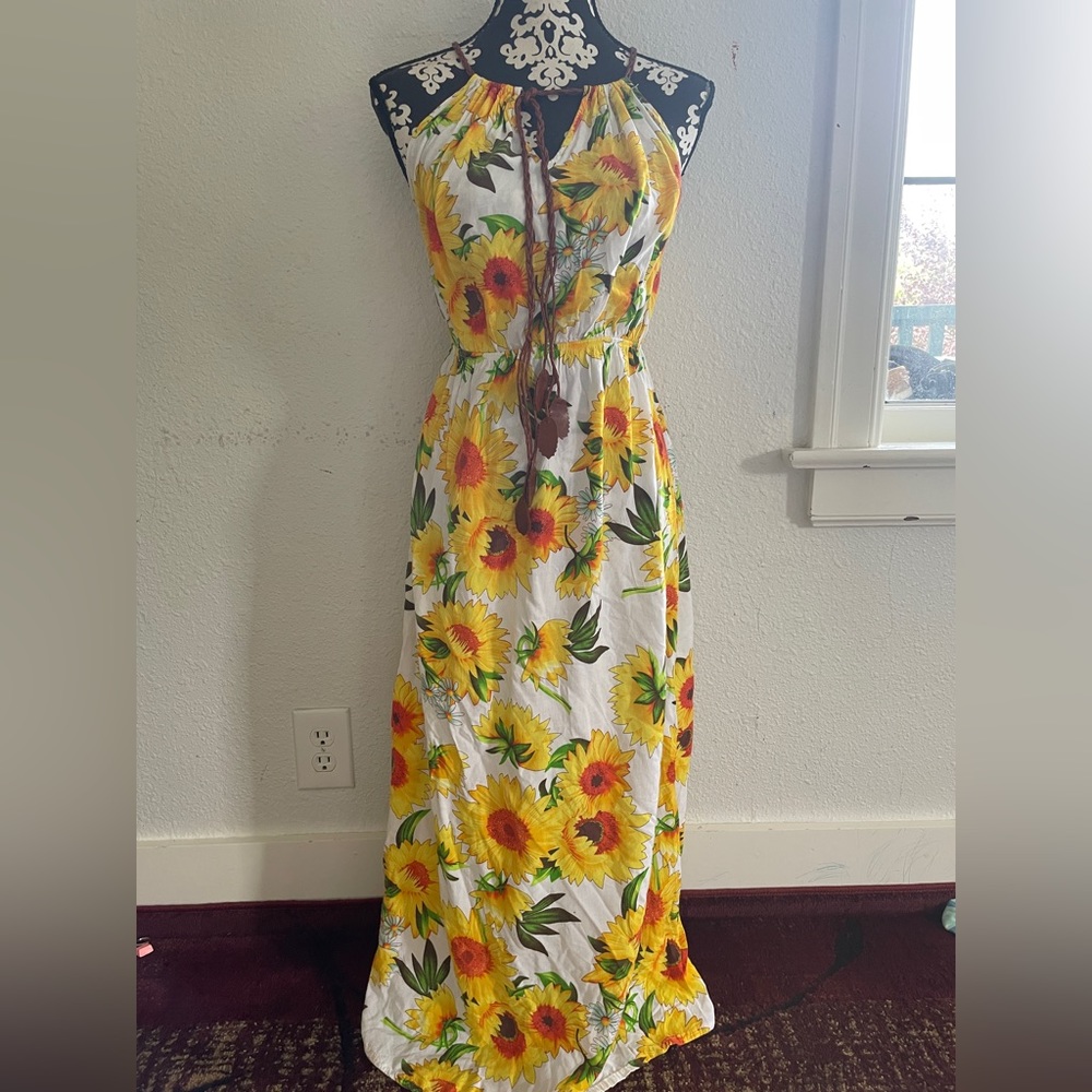 Women floral Sunflower Printed Sleeveless V Collar Long Dress Maxi